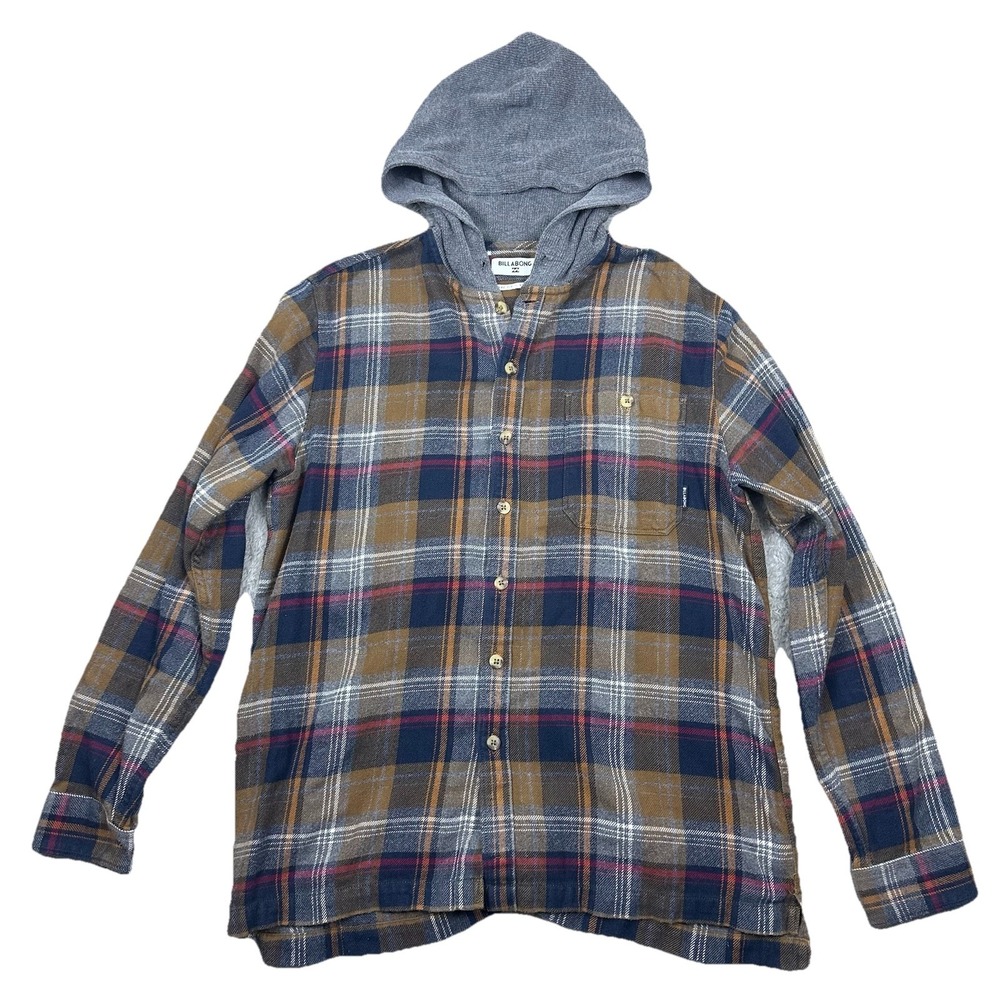 Billabong Baja Flannel Hoodie Shacket L Plaid Core Fit Stretch Brown Blue Red - Picture 12 of 13
